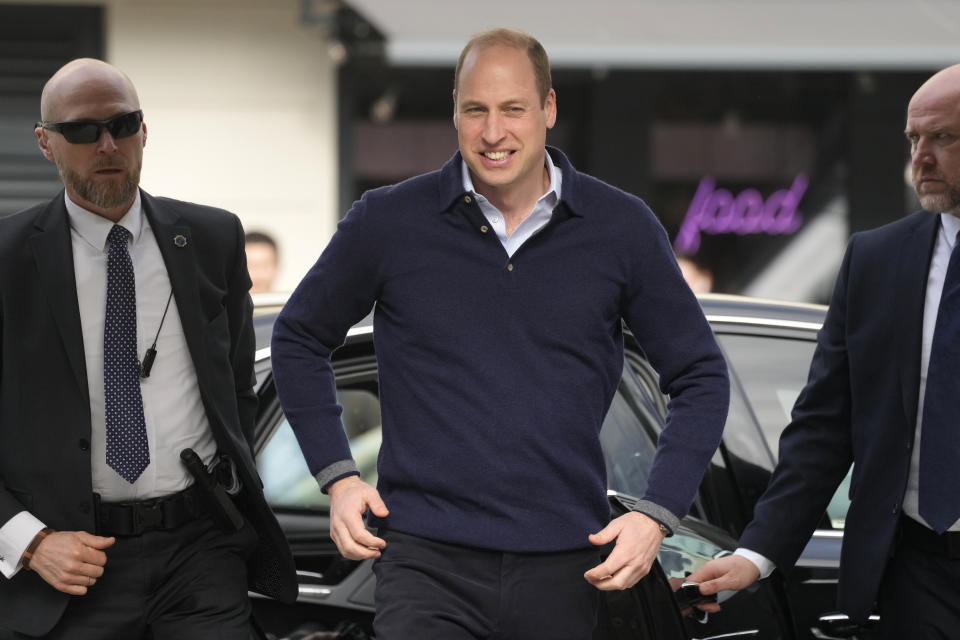 Britain's Prince William arrives at a food market to meet with groups of young Ukrainian refugees, who since fleeing the war have settled in Warsaw, Poland, Thursday, March 23, 2023. (AP Photo/Czarek Sokolowski)