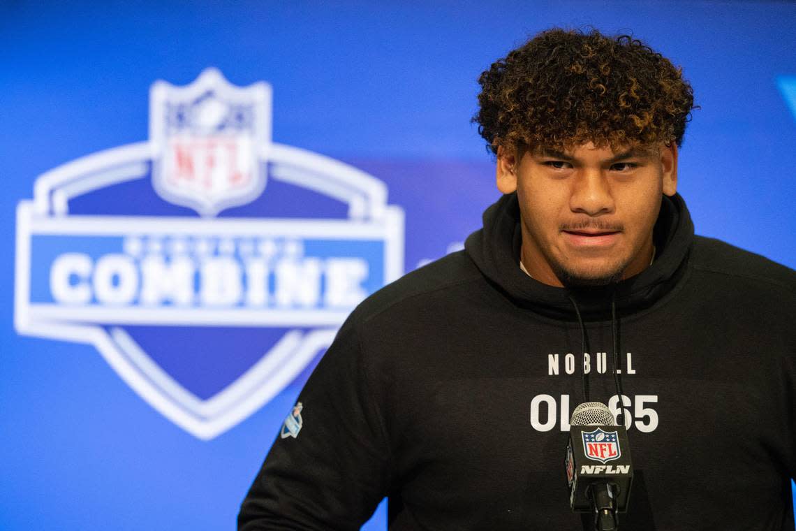 The Kansas City Chiefs traded up one spot Friday night, from No. 64 to No. 63 in Round 2, to select BYU offensive lineman Kingsley Suamataia on day two of the 2024 NFL Draft. Trevor Ruszkowski/USA TODAY Sports