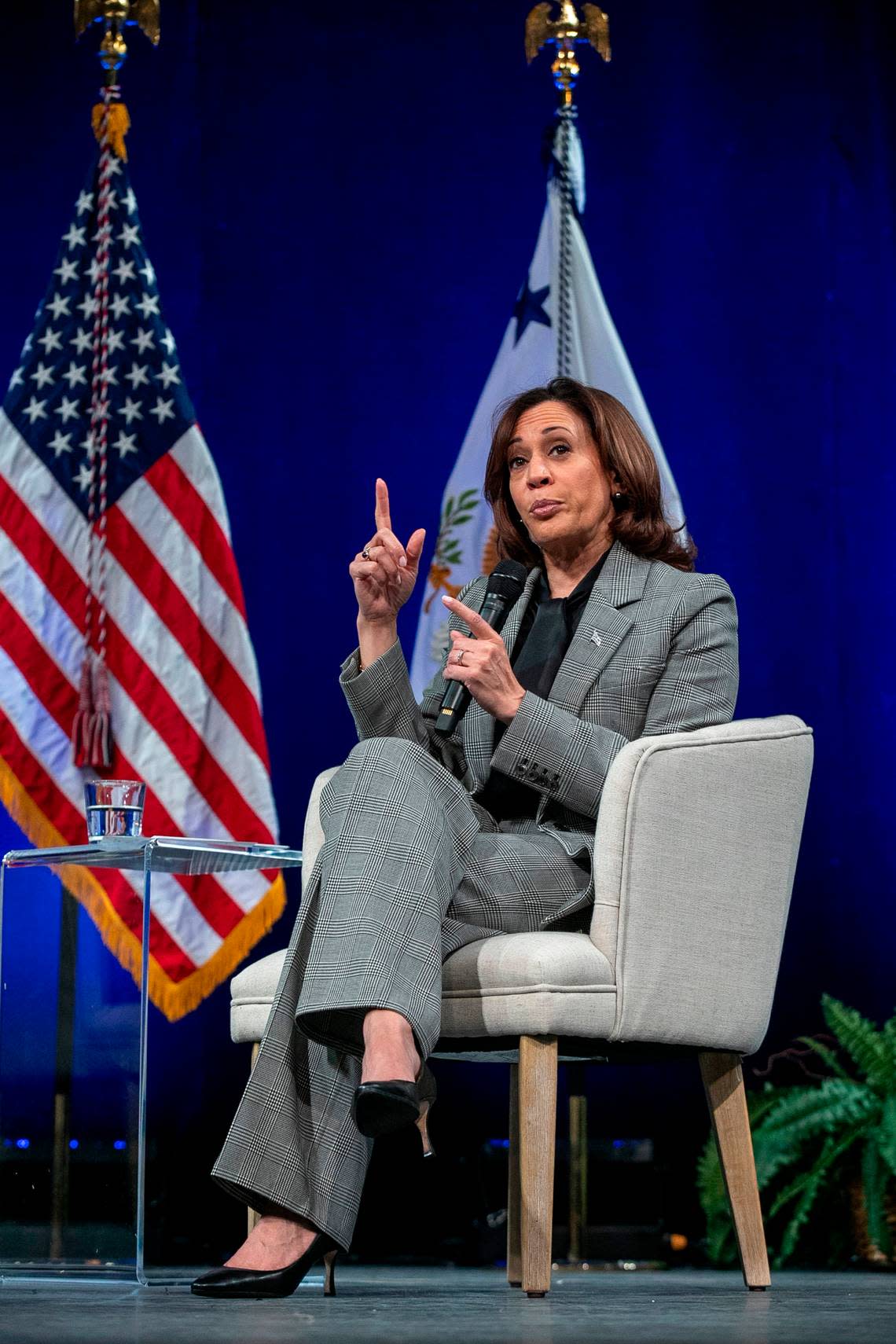 Vice President Kamala Harris speaks during a discussion on community development and small business in the Fletcher Theatre at the Duke Energy Performing Arts Center on Monday, January 30, 2023 in Raleigh, N.C.