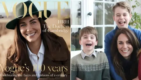 Die Prinzessin von Wales auf der Juni-Ausgabe 2016 der Vogue (rechts) und auf ihrem berüchtigten Familienfoto, das am Muttertag veröffentlicht wurde. (Vogue/X/@rubynaldrett/@KensingtonRoyal)