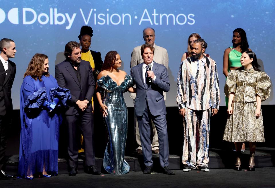 Jonah Hauer-King, Melissa McCarthy, Javier Bardem, Noma Dumezweni, Halle Bailey, Rob Marshall, Art Malik, Daveed Diggs, Simone Ashley, Lorena Andrea and Awkwafina attend the World Premiere of Disney's live-action feature "The Little Mermaid" at the Dolby Theatre in Los Angeles, California on May 08, 2023.