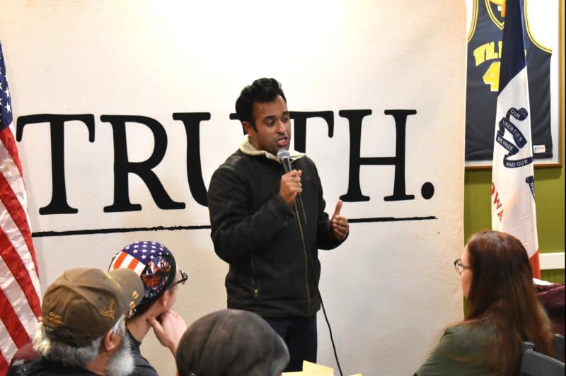 Entrepreneur and candidate for the Republican presidential nomination Vivek Ramaswamy speaks at a town hall in Oskaloosa, Iowa, on Friday. Photo by Joe Fisher/UPI