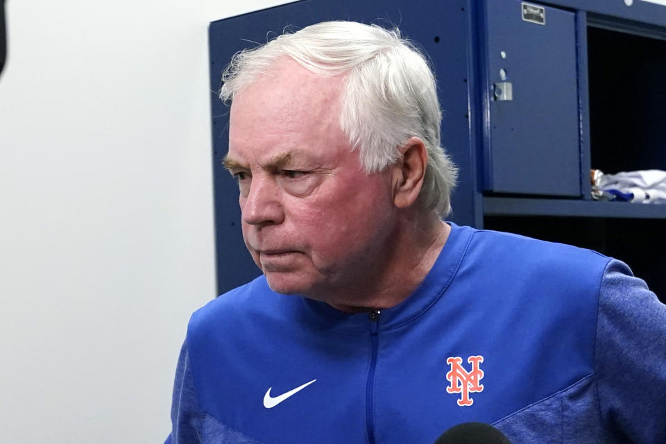 New York Mets manager Buck Showalter speaks with the media about the injury to star closer Edwin Diaz before a spring training baseball game against the Washington Nationals, Thursday, March 16, 2023, in West Palm Beach, Fla. Diaz injured his right knee Wednesday night while celebrating Puerto Rico's victory over the Dominican Republic in the World Baseball Classic. (AP Photo/Lynne Sladky)