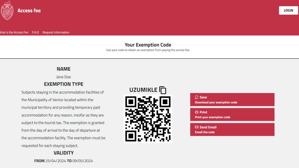 Finally you'll get your QR code for your exemption. - Comune di Venezia