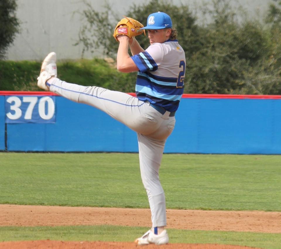 Ethan Broome tossed eight shutout innings, allowing just three hits against Oaks Christian on Monday.