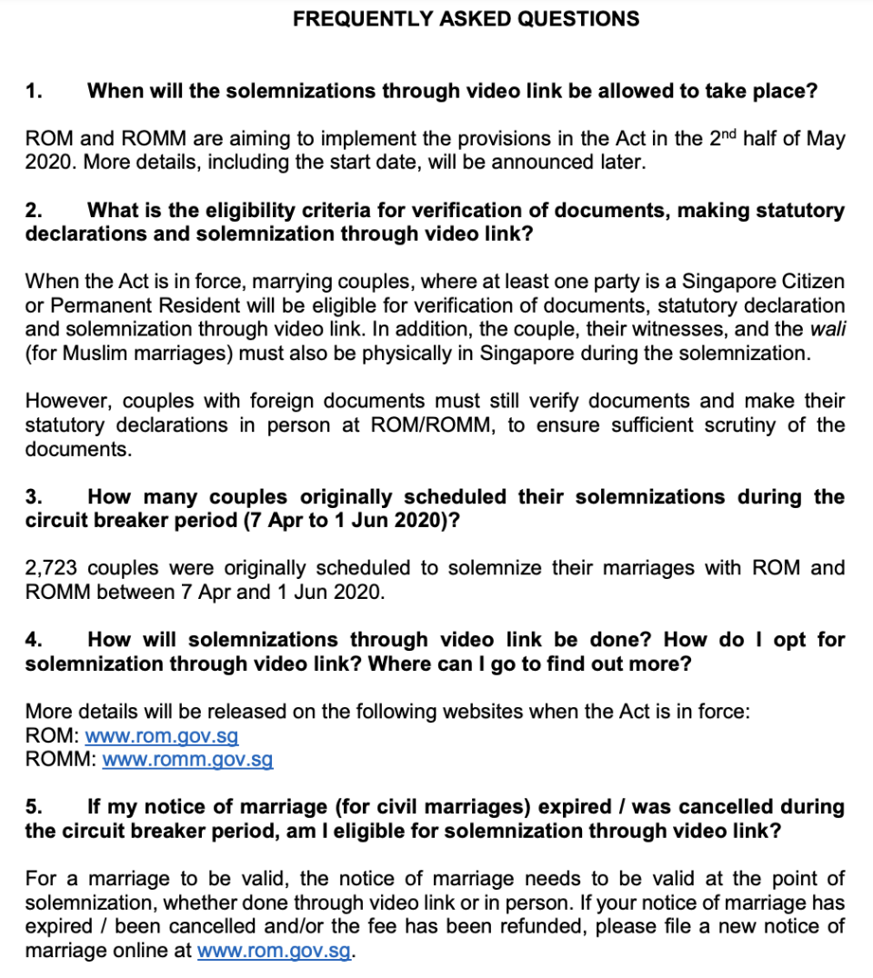 FAQ on marriage solemnizations via video link. (SOURCE: Ministry of Social and Family Development and the Ministry of Culture, Community and Youth)