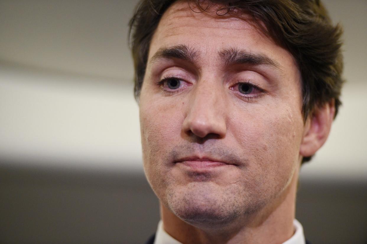 Canadian Prime Minister and Liberal Party leader Justin Trudeau reacts as he makes a statement on Wednesday: AP