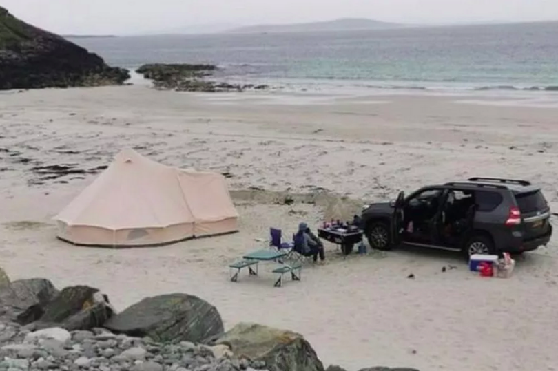 An image posted on Facebook showed the family's safari-style tent pitched on the sand at the Outer Hebridean beach.