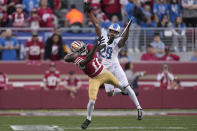 Detroit Lions cornerback Kindle Vildor (29) breaks up a pass intended for San Francisco 49ers wide receiver Brandon Aiyuk (11) during the first half of the NFC Championship NFL football game in Santa Clara, Calif., Sunday, Jan. 28, 2024. (AP Photo/Mark J. Terrill)