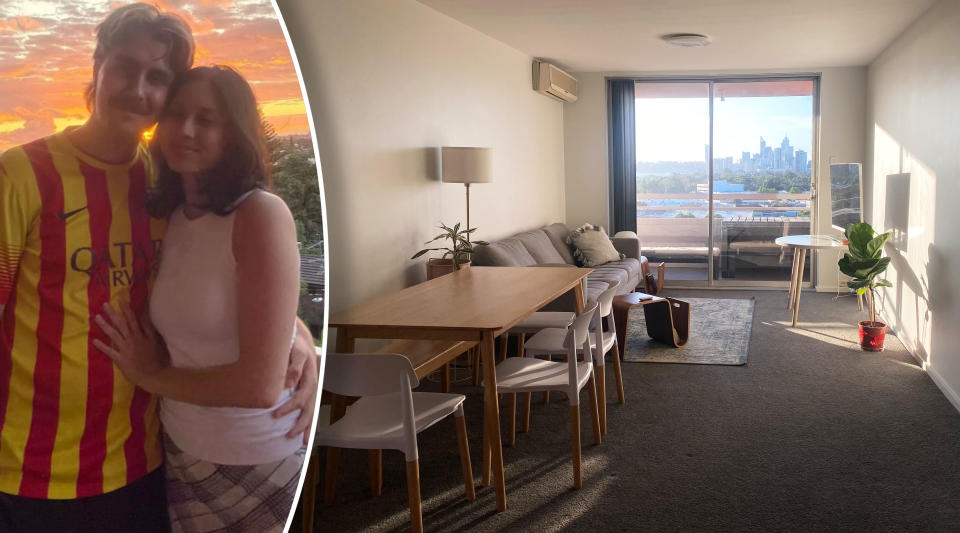 A couple standing on the balcony of their new home with a sunset, and a view of inside their apartment. With a dinging table, lounge and sun drenched balcony.