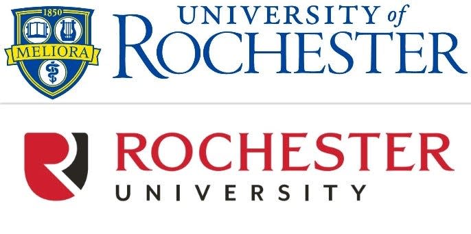 The logos of the University of Rochester (New York) and Rochester (Michigan) University.