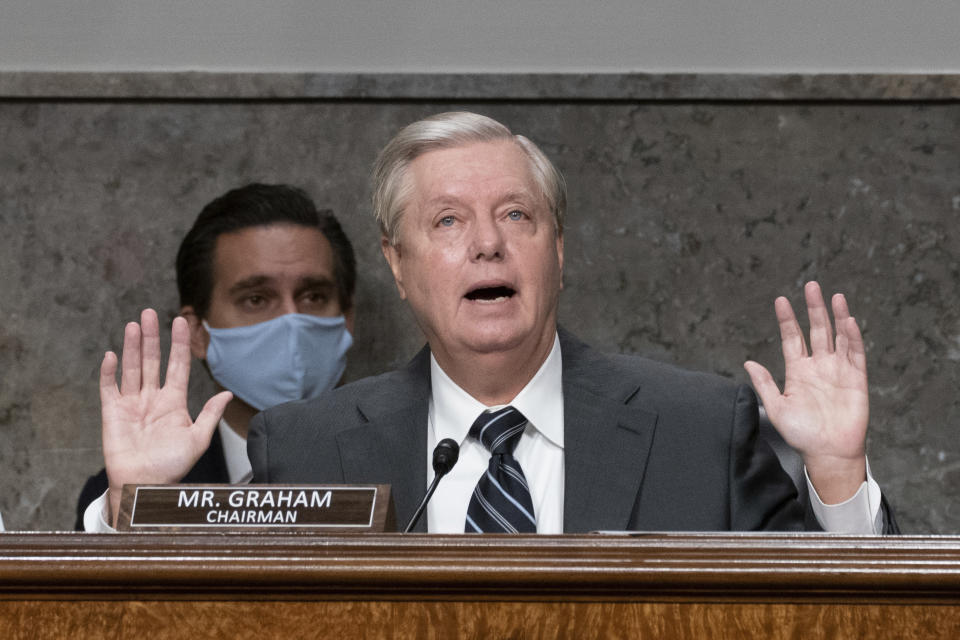 Sen. Lindsey Graham, R-S.C., speaks during a Senate Judiciary Committee hearing on Capitol Hill in Washington, Wednesday, Sept. 30, 2020, to examine the FBI "Crossfire Hurricane" investigation. (Ken Cedeno/Pool via AP)