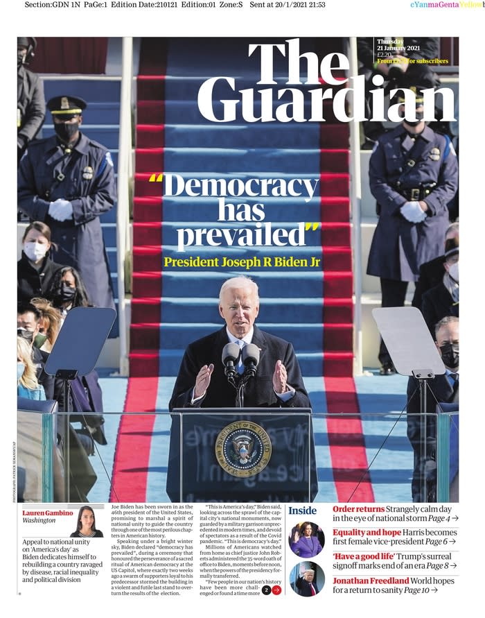 January 21, 2021 front page of The Guardian