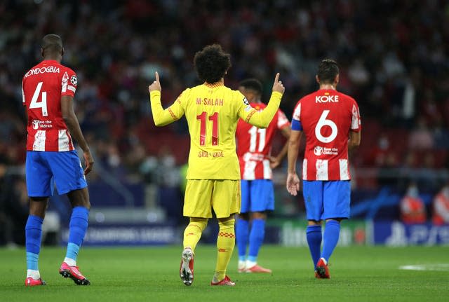 Liverpool’s Mohamed Salah celebrates scoring their side’s first goal of the game during the UEFA Champions League, Group B match at the Wanda Metropolitano, Madrid. Picture date: Tuesday October 19, 2021