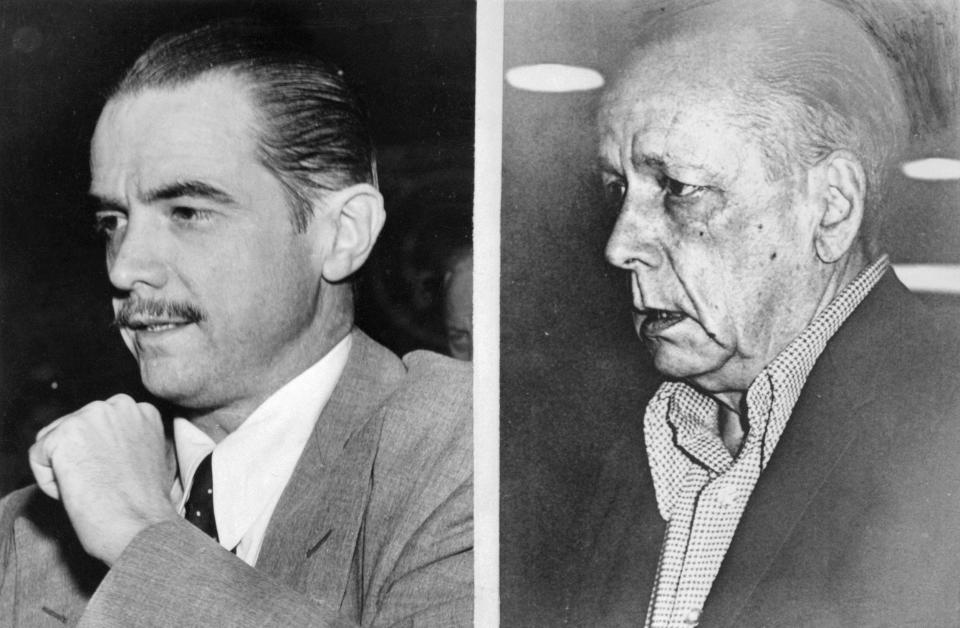 Reclusive billionaire industrialist Howard Hughes in a 1947 photo (left) and in 1972 (right), which was taken in Vancouver, British Columbia, and is believed to be Howard Hughes but is unconfirmed.