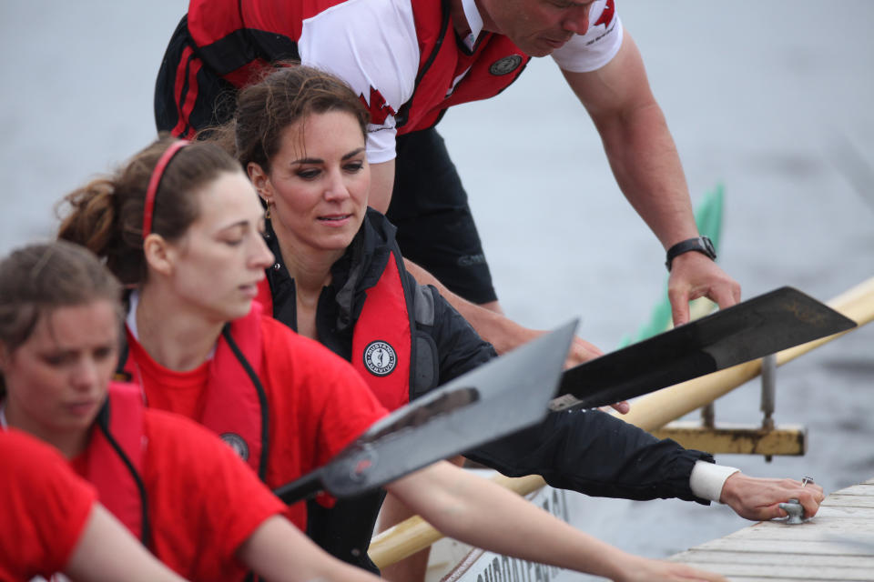 The Duchess of Cambridge rows in a dragon boat across Dalvay lake in Charlottetown, Prince Edward Island, Canada. ........NO SALES to Landov picture Agency