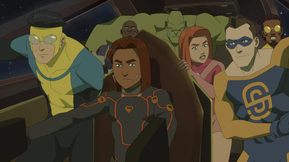 Animated characters from 'Invincible' show, including protagonist Mark Grayson, in a spacecraft, looking determined