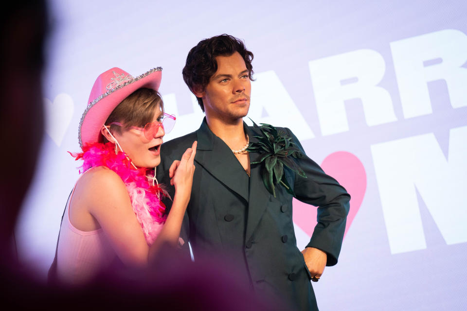 An unveiling of the Harry Styles wax figure at Madame Tussauds in London, dressed in an outfit inspired by his fashion choice at the My Policeman premiere in 2022. Picture date: Wednesday July 26, 2023. (Photo by James Manning/PA Images via Getty Images)