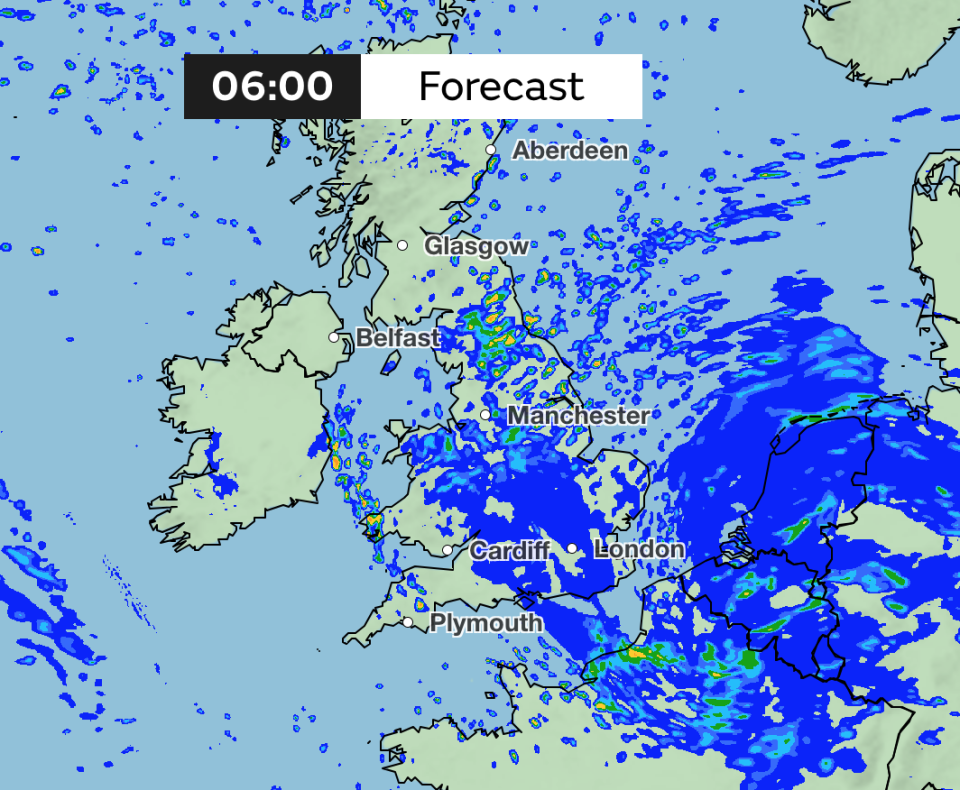 Rainfall forecast for 6am Tuesday. (Met Office)