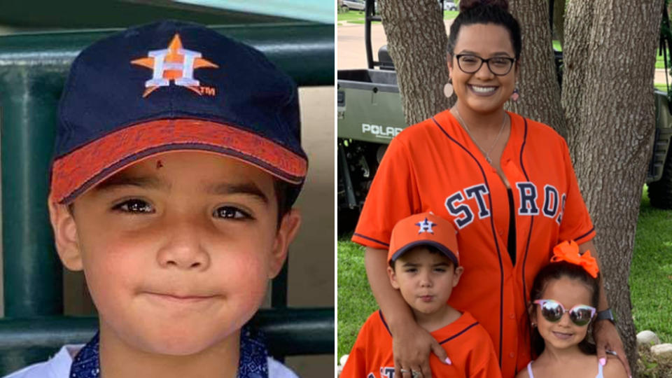 A photo of Josiah McIntyre, who died from a brain-eating amoeba, in a cap on the left. On the right he is pictured with his mother, Maria Castillo, and sister. 