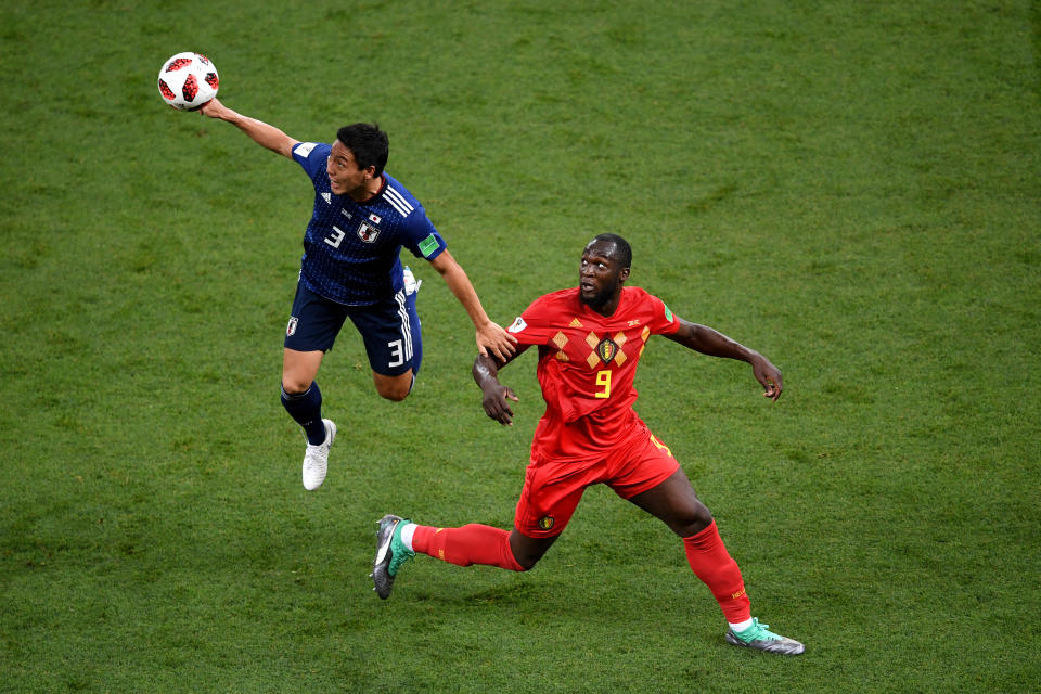 <p>Gen Shoji of Japan wih over Romelu Lukaku of Belgium during the 2018 FIFA World Cup Russia Round of 16 match between Belgium and Japan at Rostov Arena on July 2, 2018 in Rostov-on-Don, Russia. (Photo by Laurence Griffiths/Getty Images) </p>