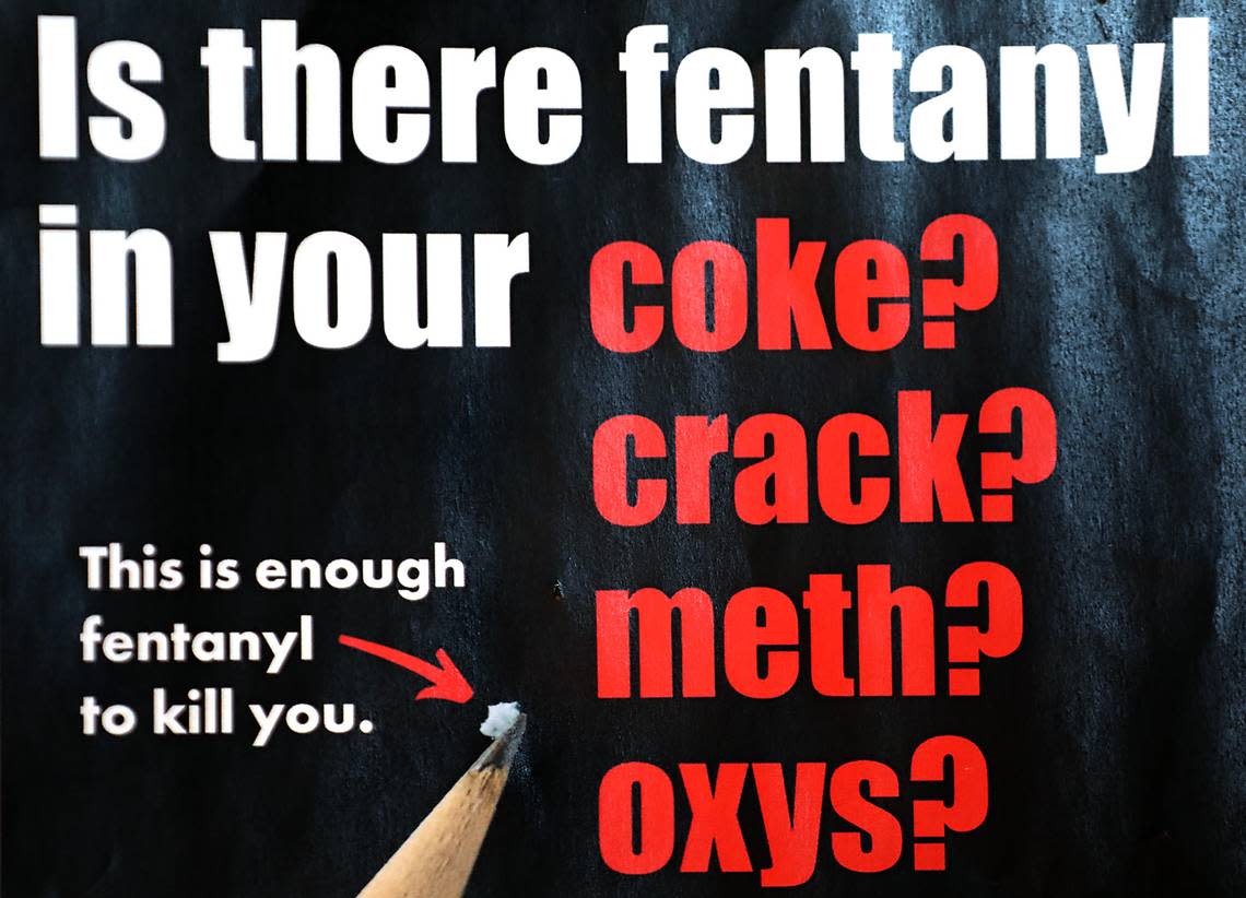 A poster at Merit Resource Services in Kennewick illustrates the small amount of fentanyl that can be lethal. Bob Brawdy/bbrawdy@tricityherald.com