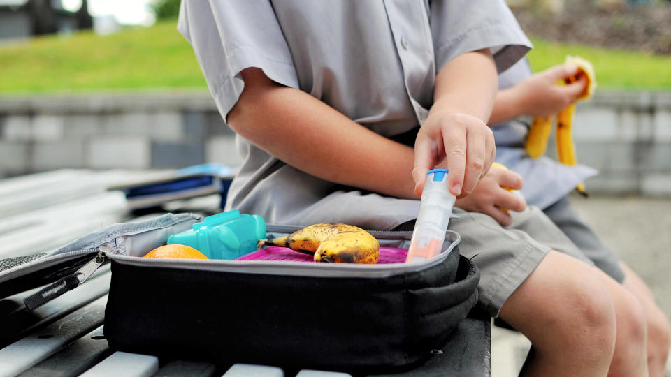 Young boy with a packed lunch