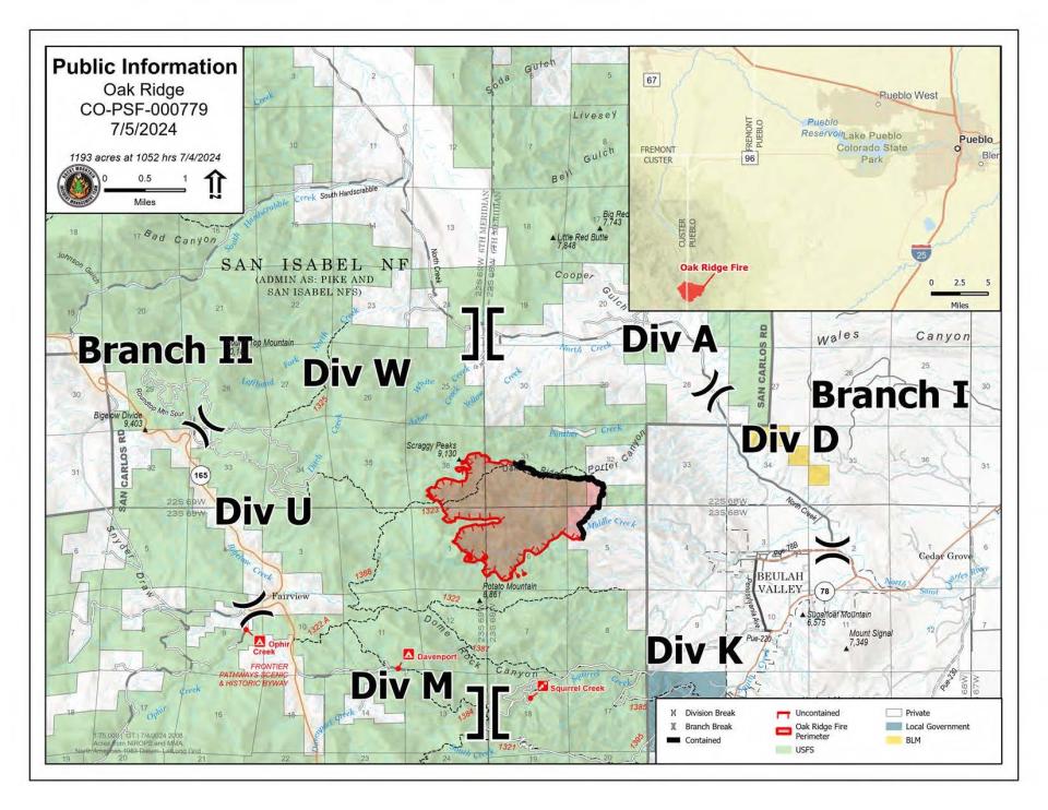 Map of the Oak Ridge Fire for July 5, 2024.