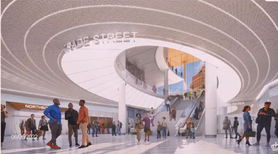 A rendering shows the inside of a proposed a high-rise building in place of the Charlotte Transportation Center next to the Spectrum Center. The Charlotte Hornets would have a practice facility inside. Screenshot from city of Charlotte presentation/Screenshot from city of Charlotte presentation.