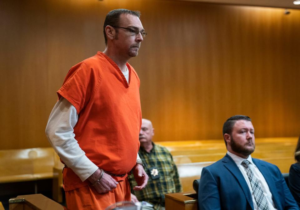 James Crumbley, father of the Oxford High School shooter, makes his way into the Oakland County Courtroom of Judge Cheryl Matthews on Wednesday, Dec. 13, 2023 for a procedural hearing.