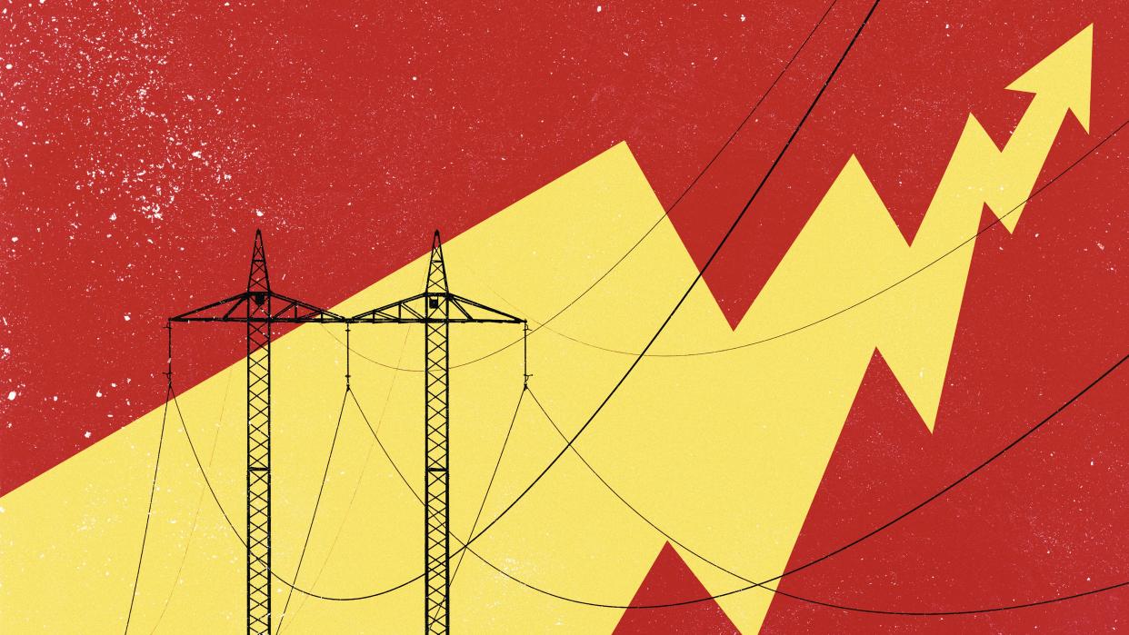  A graphic with electricity pylons and a large yellow arrow to show rising energy prices. 
