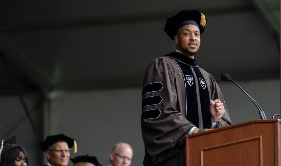 CJ McCollum, point guard for the NBA’s New Orleans Pelicans, entrepreneur and philanthropist, delivers the commencement address at Lehigh University at Bethlehem, Pa., on May 21, 2023.