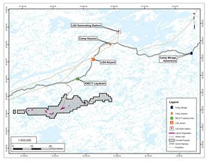 Proximal infrastructure at the Corvette Property, including the recently constructed winter road extending from the all-season Trans-Taiga Road to the drill area at CV5