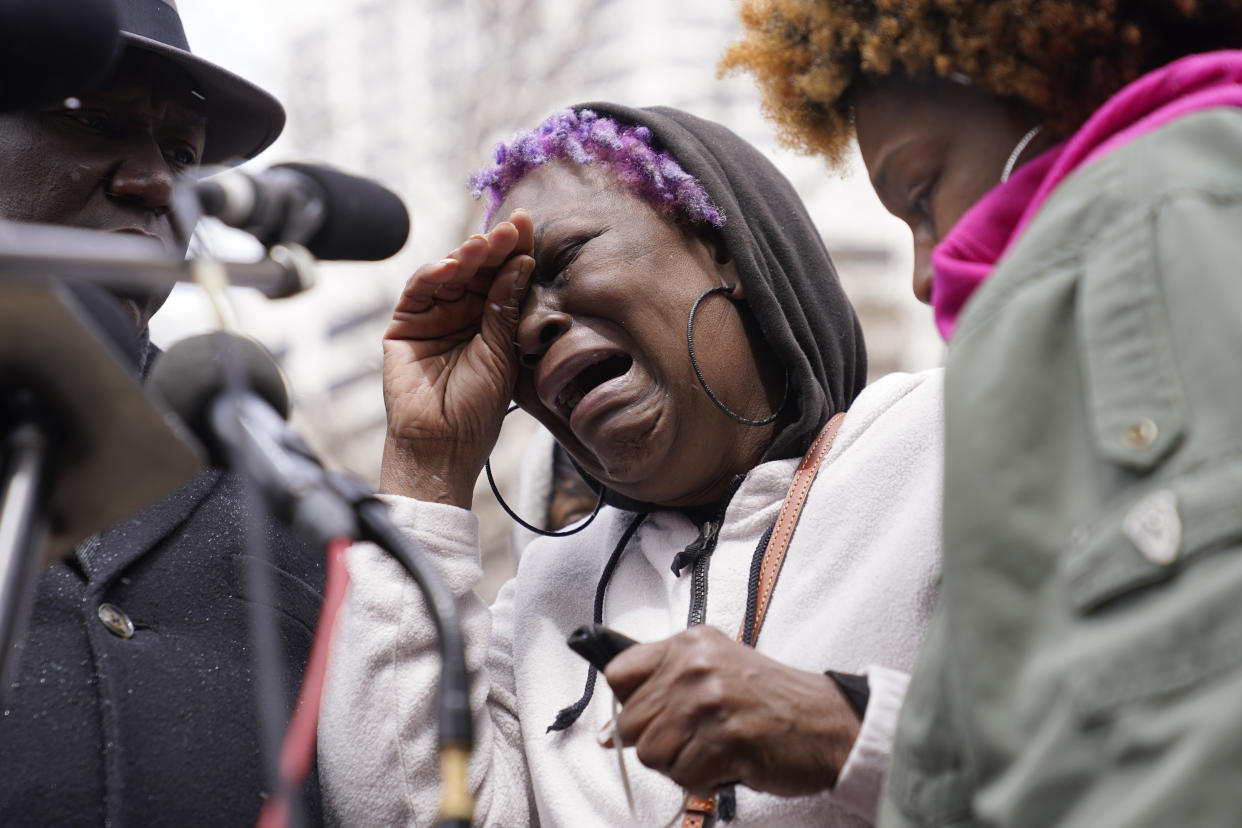 Angie Golson, grandmother of Daunte Wright, cries as she speaks during a news conference outside the Hennepin County Government Center, Tuesday, April 13, 2021, in Minneapolis. Daunte Wright, 20, was shot and killed by police Sunday after a traffic stop in Brooklyn Center, Minn. (AP Photo/John Minchillo)