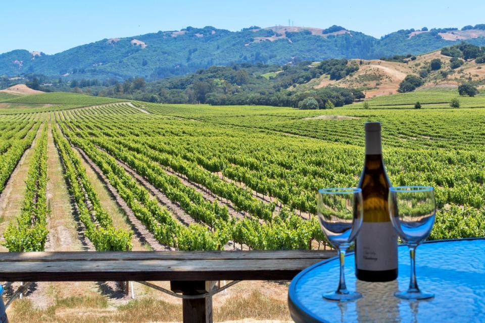 A bottle of wine sits on a table in front of vineyards and mountains in Sonoma