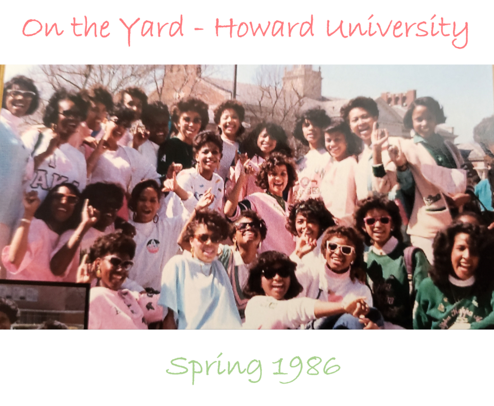 Kamala Harris and her line sisters pose on the campus of Howard University.