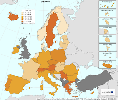 Horas trabajadas en Europa, en 2022, por semana de empleo a tiempo completo. <a href="https://ec.europa.eu/eurostat/databrowser/view/TPS00071/default/map?lang=en" rel="nofollow noopener" target="_blank" data-ylk="slk:Fuente: EUROSTAT;elm:context_link;itc:0;sec:content-canvas" class="link ">Fuente: EUROSTAT</a>