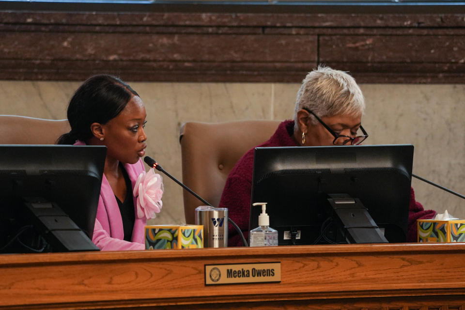 Cincinnati City Councilwoman Meeka Owens talks to the citizens and council members about a proposed resolution calling for a ceasefire in the Middle East.