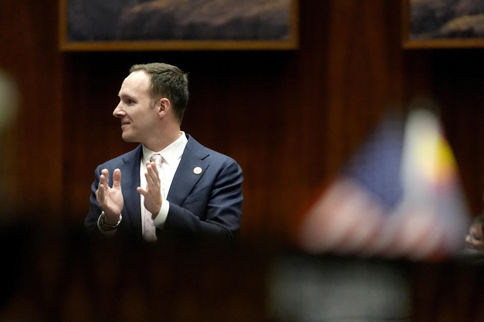 Arizona State Rep. Matt Gress, applauds on the House floor, Wednesday, April 17, 2024, at the Capitol in Phoenix. (AP Photo/Matt York)