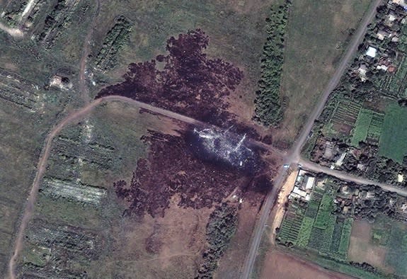 A closeup of the main debris field in eastern Ukraine, where Malaysian Airlines Flight MH17 was shot down by a missile.