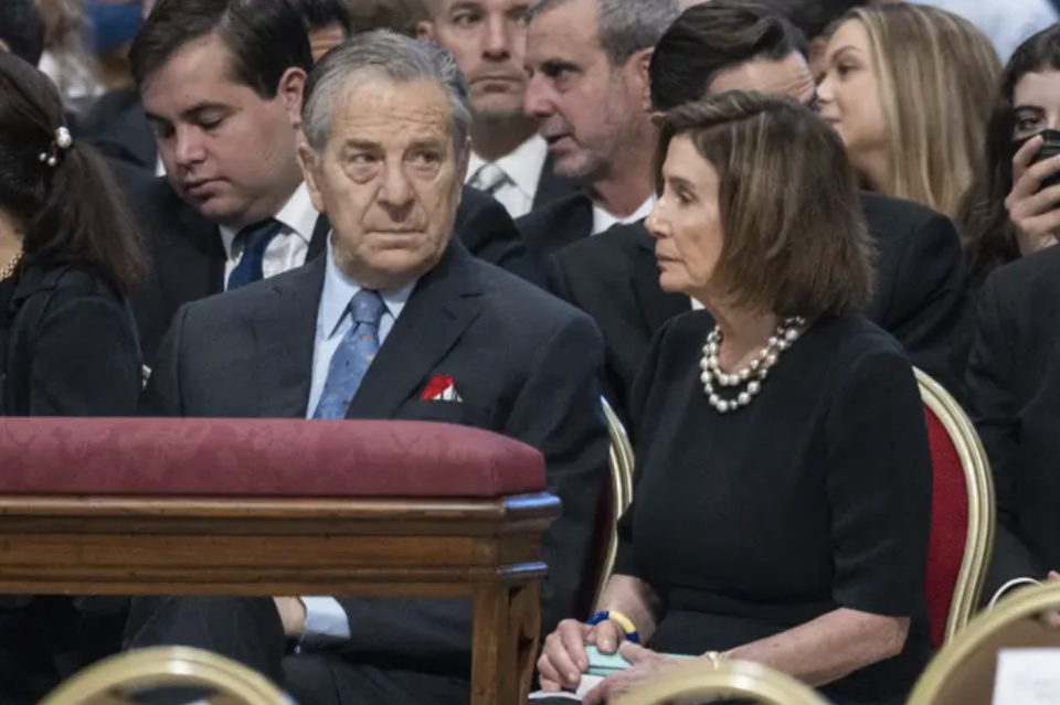 House Speaker Nancy Pelosi (right) and her husband, Paul Pelosi, attend a Holy Mass for the Solemnity of Saints Peter and Paul led by Pope Francis in St. Peter's Basilica.