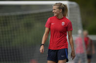 Norway's Ada Hegerberg stands on the field during a team practice at Seddon Fields in Auckland, New Zealand, Wednesday, July 19, 2023. (AP Photo/Abbie Parr)