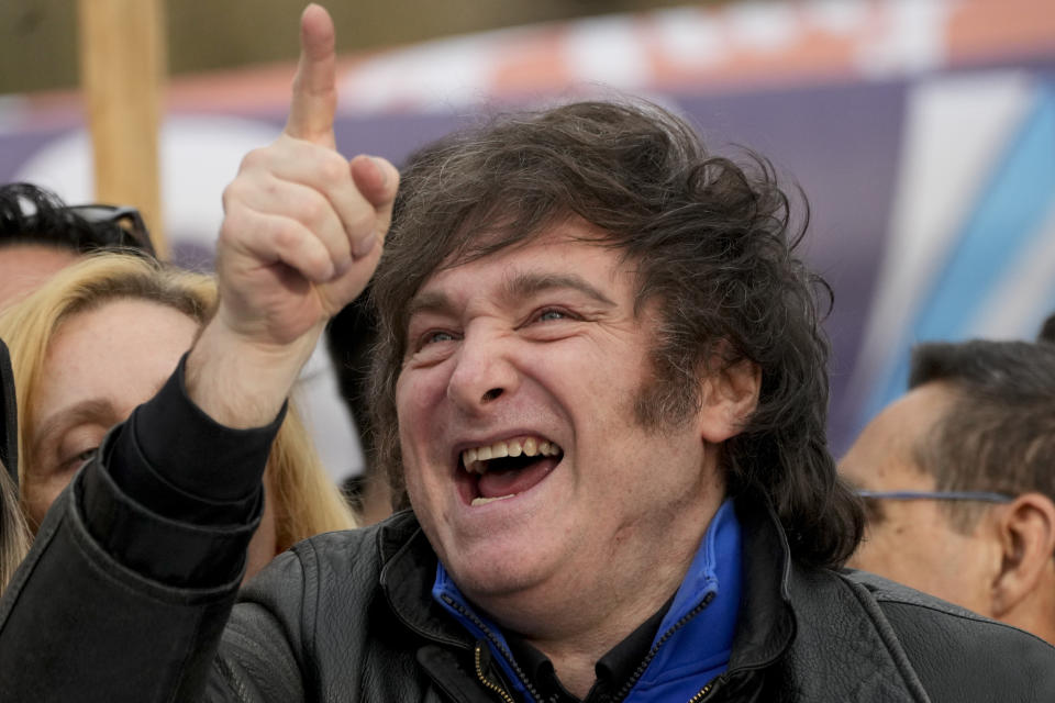 Presidential hopeful of the Liberty Advances coalition Javier Milei smiles during rally in La Plata, Argentina, Tuesday, Sept. 12, 2023. General elections are set in Argentina for Oct. 22. (AP Photo/Natacha Pisarenko)