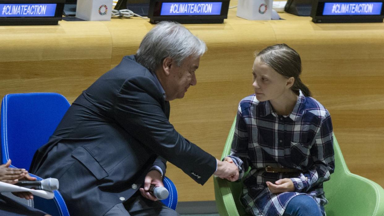 UN-Generalsekretär Antonio Guterres und  Greta Thunberg während des UN-Jugendklimagipfels in New York. Foto: Eduardo Munoz Alvarez/FRE171643 AP