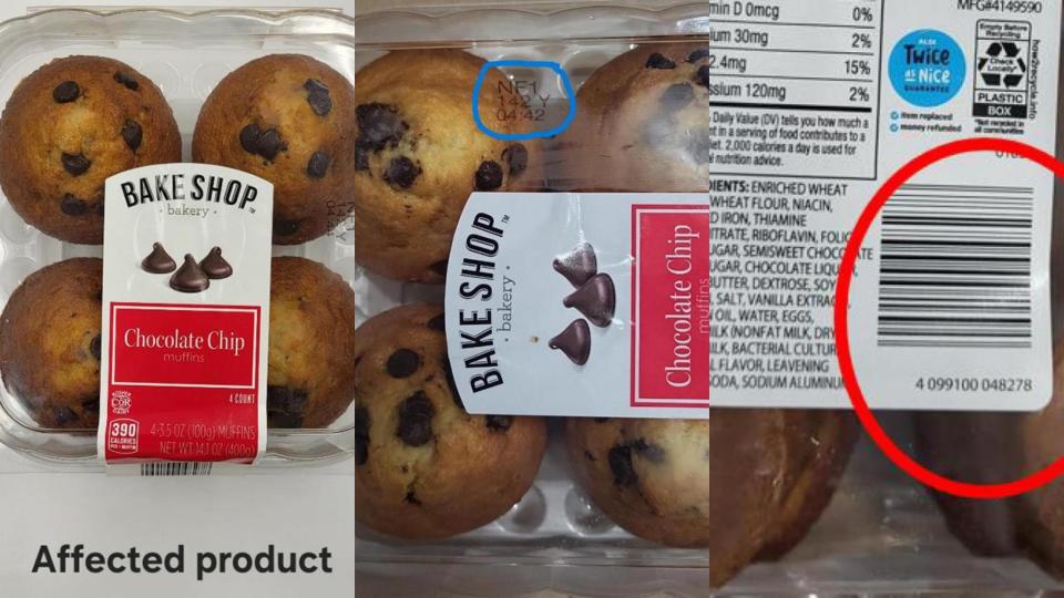 Chocolate chip muffins sold at Aldi that were recalled by the U.S. Food & Drug Administration on June 26, 2024.