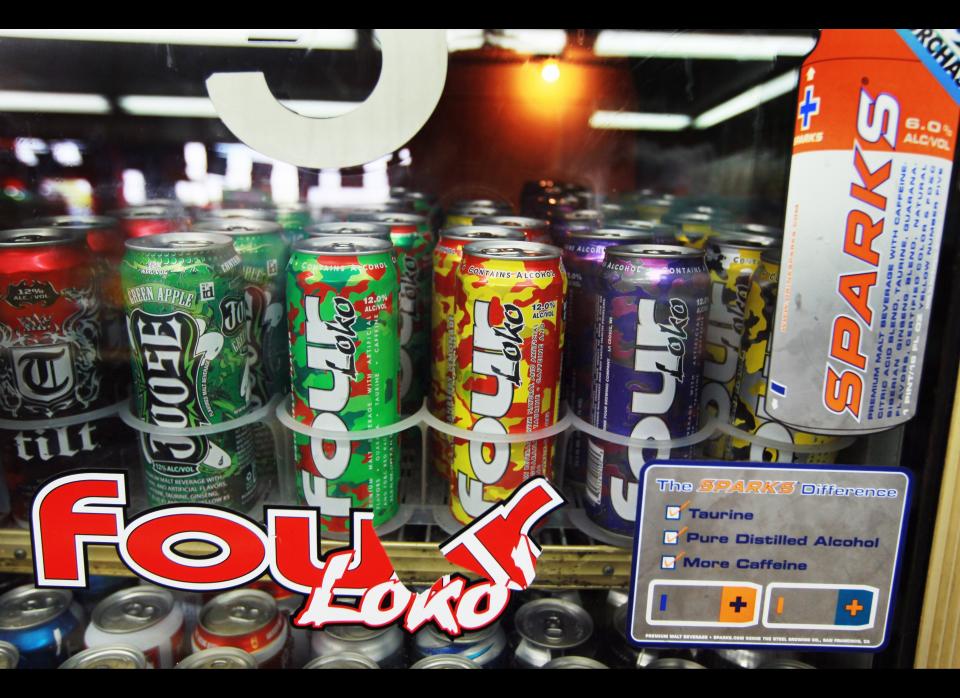 In November 2010, beverages with high alcohol and caffeine content sparked national concern after nine college students in Washington state were sent to the emergency room for dangerous levels of intoxication.  Certain colleges and eventually four U.S. states -- New York, Michigan, Washington and Massachusetts -- banned the culprit, Four Loko, which contains 12 percent alcohol and roughly the amount of caffeine found in two cups of coffee. In the same month the FDA deemed seven alcoholic/caffeinated products unsafe: Four Loko, Joose, Max, Lemon Lime Core Spiked, Core High Gravity HG, Core High Gravity Orange and Moonshot. 