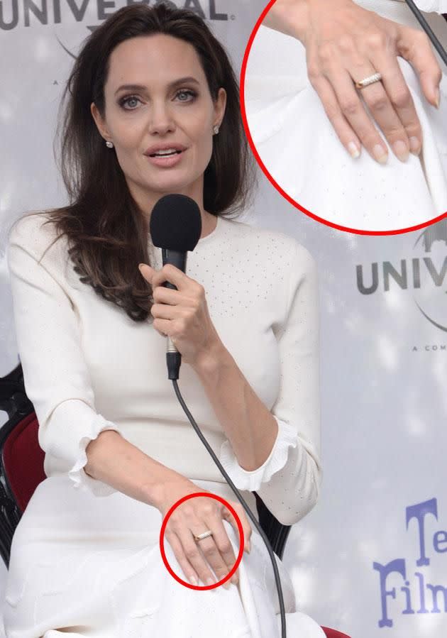 Angelina pictured at The Telluride Film Festival and a close up of the ring, that is rumoured to hold a special bond to ex Brad. Source: Getty