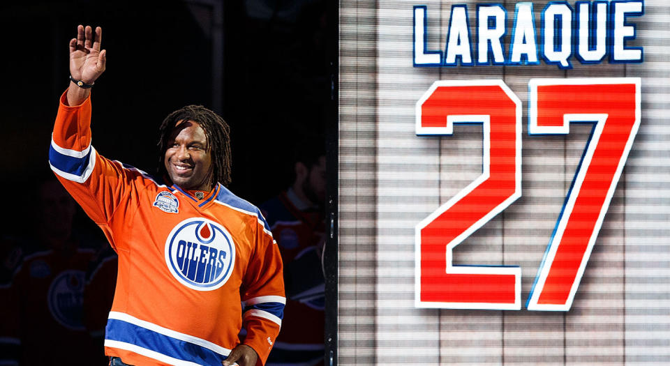 Georges Laraque spent eight seasons with the Oilers. (Photo by Codie McLachlan/Getty Images)