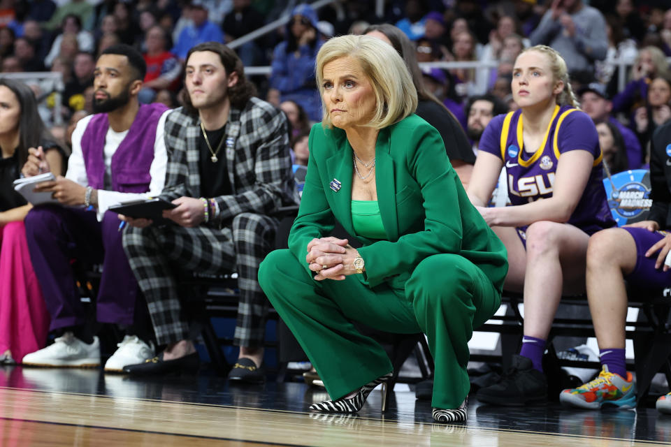 ALBANY, NEW YORK - APRIL 01: Head coach Kim Mulkey of the LSU Lady Tigers watches on during the first half against the Iowa Hawkeyes during the Elite Eight round of the 2024 NCAA Women's Basketball Tournament held at MVP Arena on April 1, 2024 in Albany, New York. (Photo by Scott Taetsch/NCAA Photos via Getty Images)