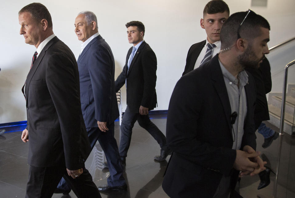 Israeli Prime Minister Benjamin Netanyahu visits the Israel Aerospace Industries (IAI) MLM Division plant in Be'er Ya'akov, Israel, Tuesday, Jan. 22, 2019. Israel said Tuesday that it has successfully tested the Arrow-3 interceptor, the country's advanced missile defense system capable of defending against ballistic missile threats outside the atmosphere. (Tomer Appelbaum/Pool Photo via AP)